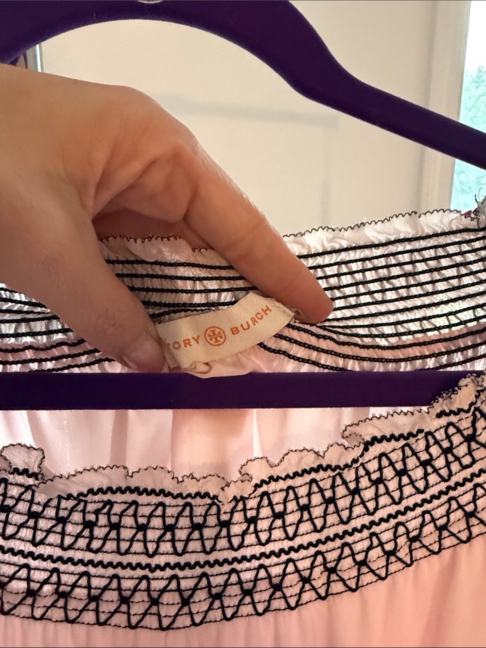 Tory Burch Blush Pink Sheer Peasant Blouse with Black Embroidered Trim - Picture 3 of 4